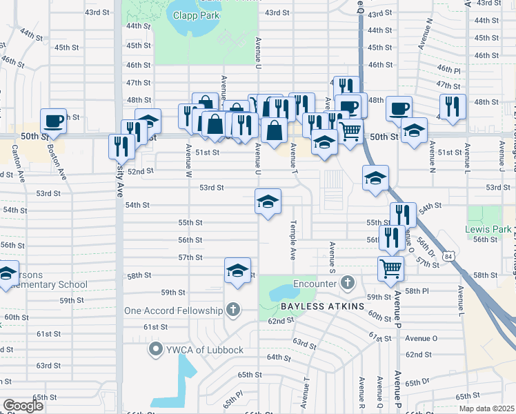 map of restaurants, bars, coffee shops, grocery stores, and more near 5410 Avenue U in Lubbock