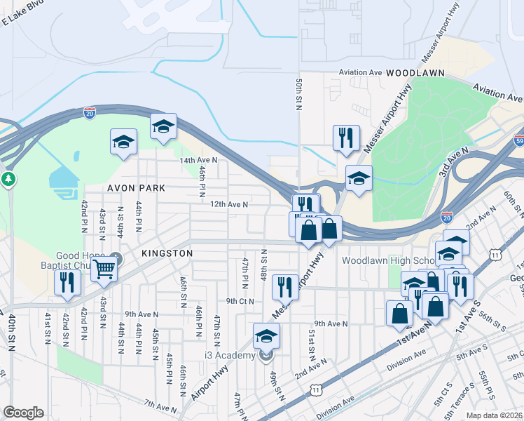 map of restaurants, bars, coffee shops, grocery stores, and more near 1023 48th Street North in Birmingham