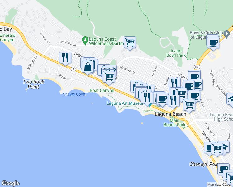 map of restaurants, bars, coffee shops, grocery stores, and more near in Laguna Beach