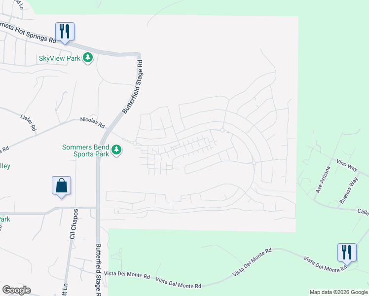 map of restaurants, bars, coffee shops, grocery stores, and more near 32609 Brunello Way in Temecula