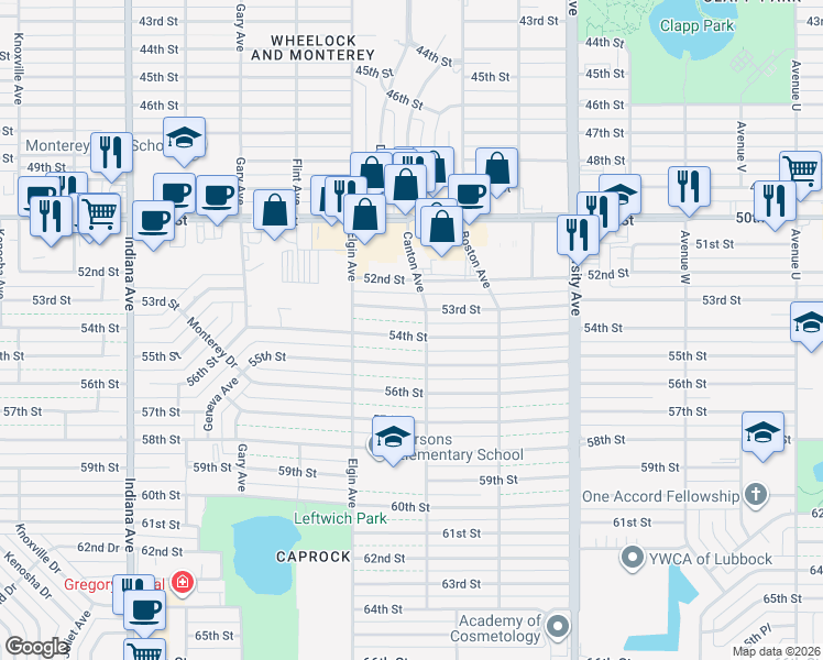 map of restaurants, bars, coffee shops, grocery stores, and more near 2807 54th Street in Lubbock