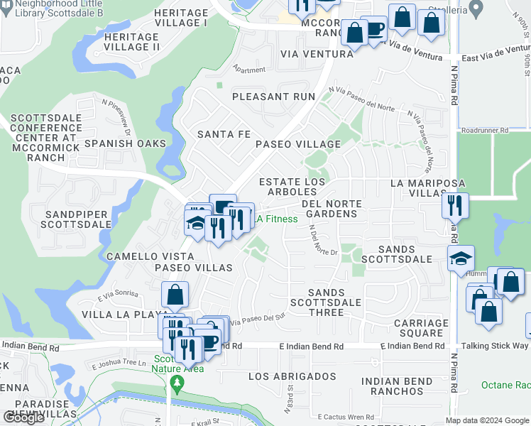 map of restaurants, bars, coffee shops, grocery stores, and more near 8333 East Vía Paseo Del Norte in Scottsdale