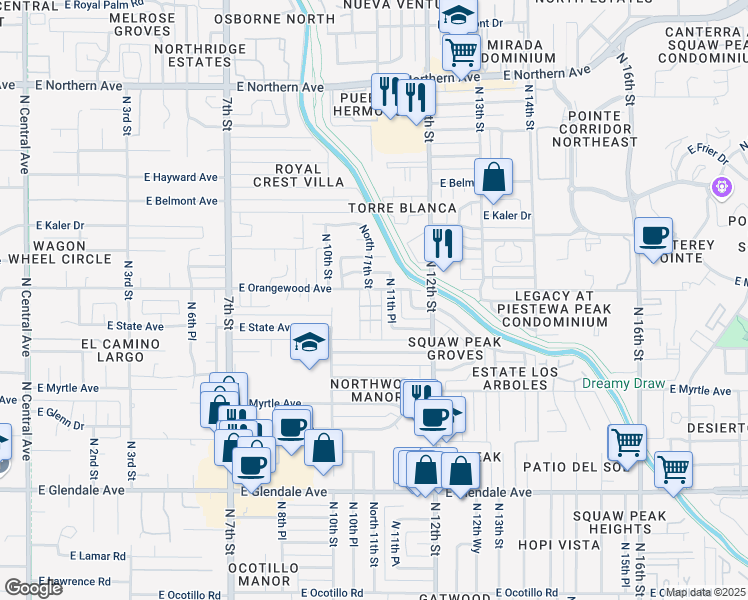 map of restaurants, bars, coffee shops, grocery stores, and more near 7335 North 11th Street in Phoenix