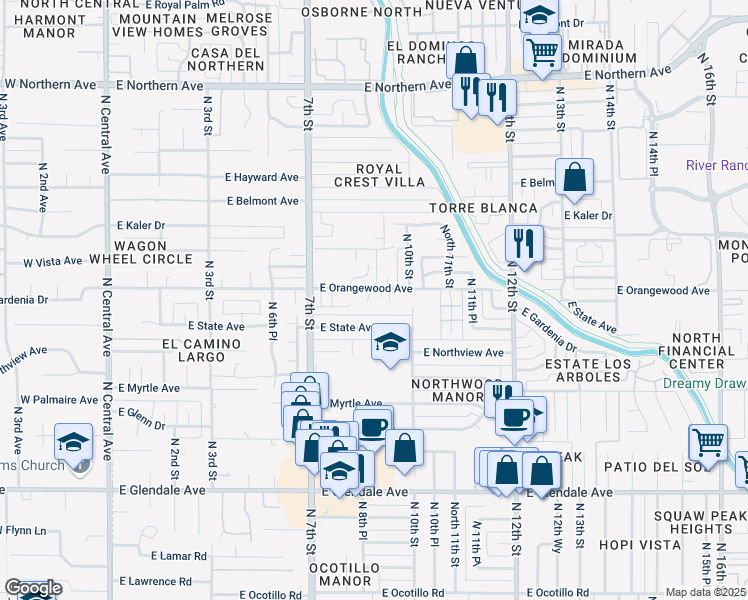 map of restaurants, bars, coffee shops, grocery stores, and more near 908 East State Avenue in Phoenix
