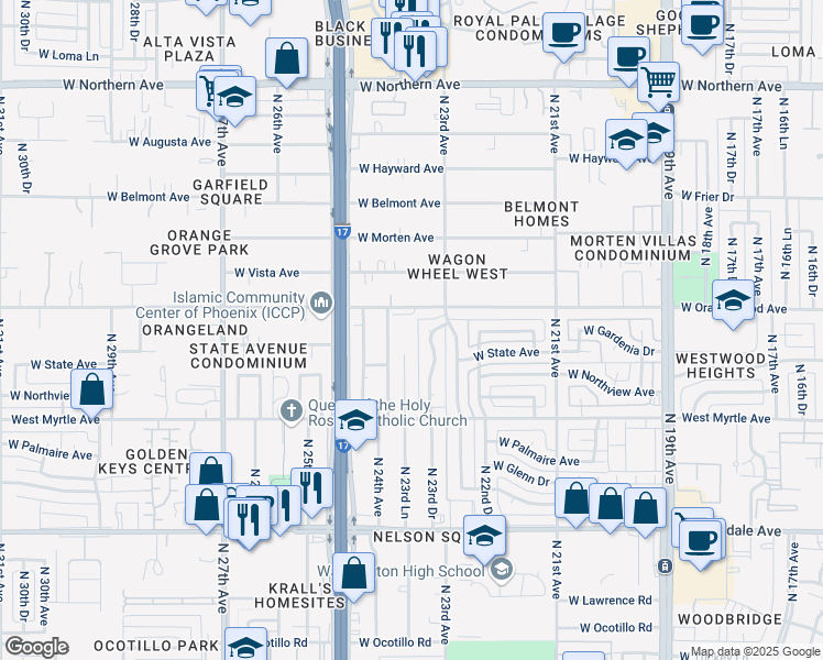 map of restaurants, bars, coffee shops, grocery stores, and more near 7316 North 23rd Lane in Phoenix
