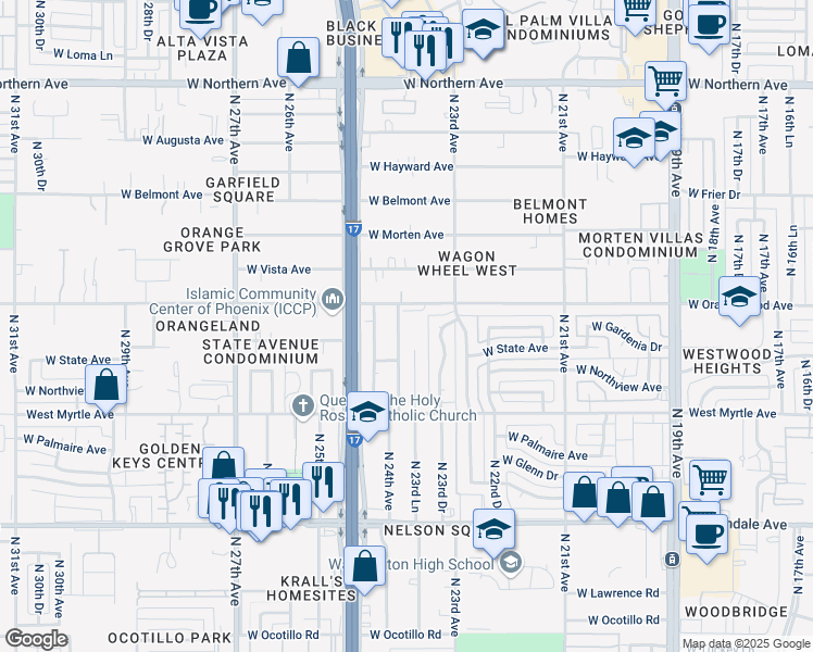 map of restaurants, bars, coffee shops, grocery stores, and more near 7316 North 23rd Lane in Phoenix