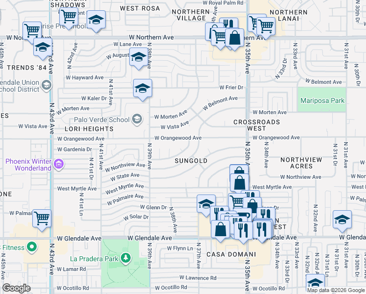 map of restaurants, bars, coffee shops, grocery stores, and more near 3733 West Gardenia Avenue in Phoenix