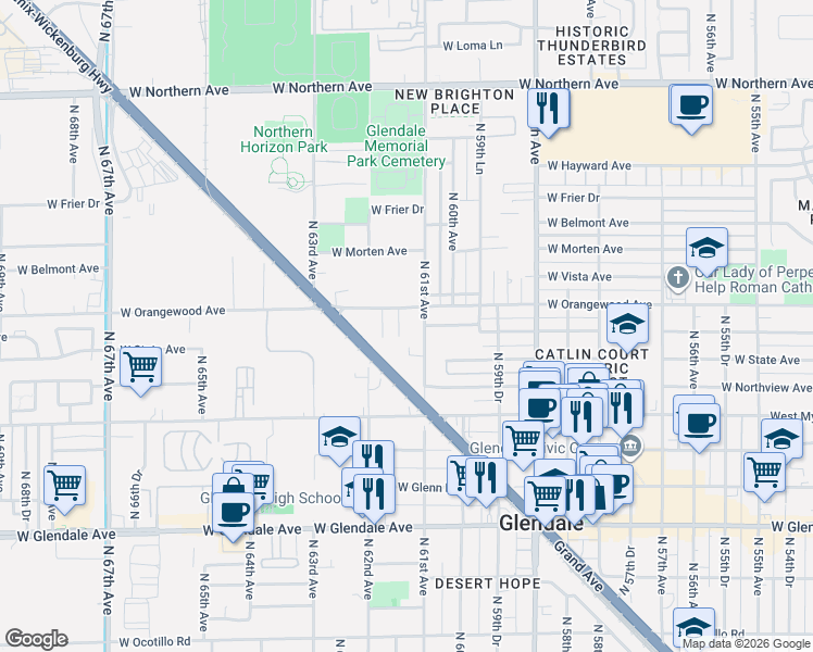 map of restaurants, bars, coffee shops, grocery stores, and more near 7316 North 61st Avenue in Glendale