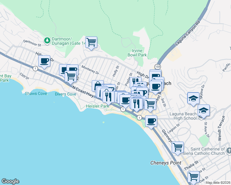 map of restaurants, bars, coffee shops, grocery stores, and more near 281 Cypress Drive in Laguna Beach