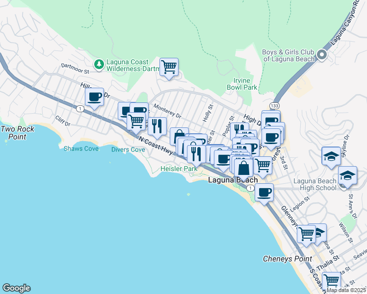 map of restaurants, bars, coffee shops, grocery stores, and more near 364 North Coast Highway in Laguna Beach