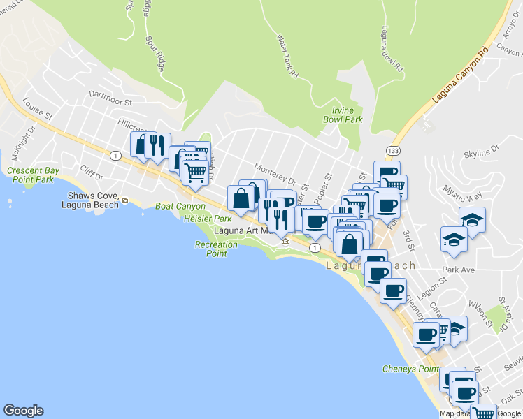 map of restaurants, bars, coffee shops, grocery stores, and more near 374 North Pacific Coast Highway in Laguna Beach