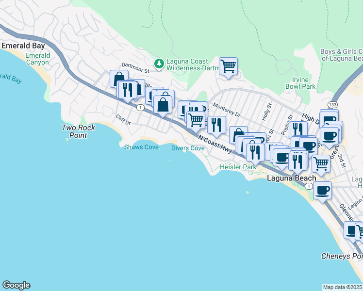 map of restaurants, bars, coffee shops, grocery stores, and more near 631 Cliff Drive in Laguna Beach