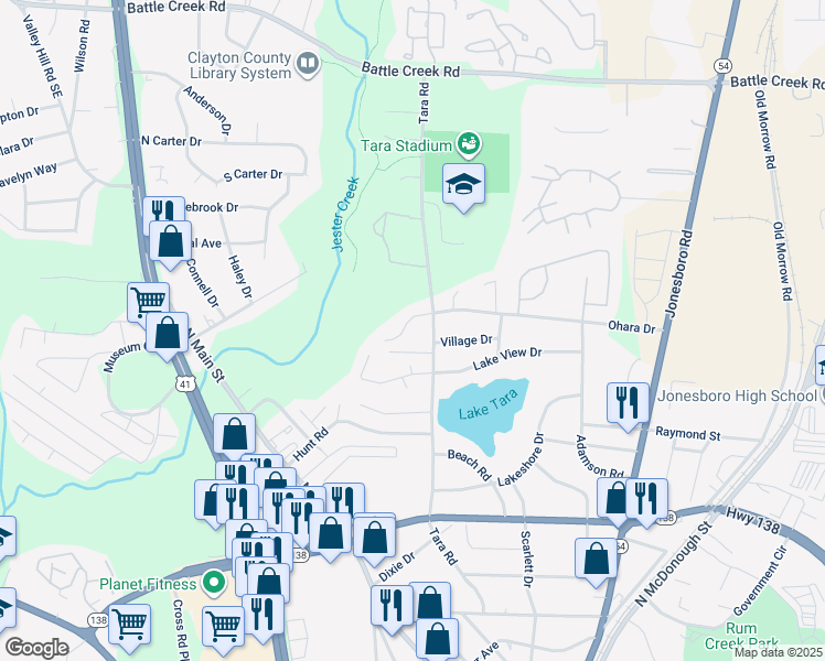map of restaurants, bars, coffee shops, grocery stores, and more near 7685 Tara Road in Jonesboro