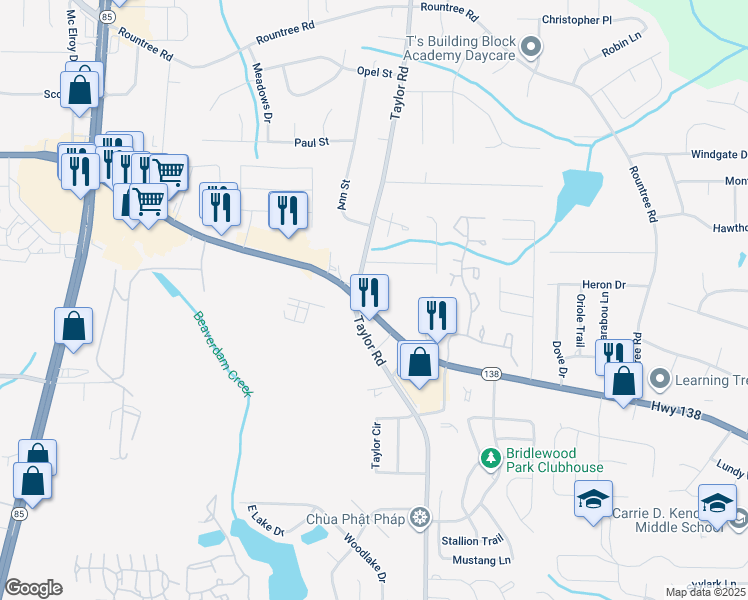 map of restaurants, bars, coffee shops, grocery stores, and more near 336b Georgia 138 in Riverdale