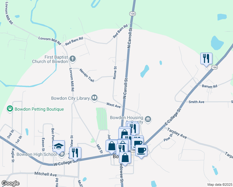 map of restaurants, bars, coffee shops, grocery stores, and more near 222 North Carroll Street in Bowdon