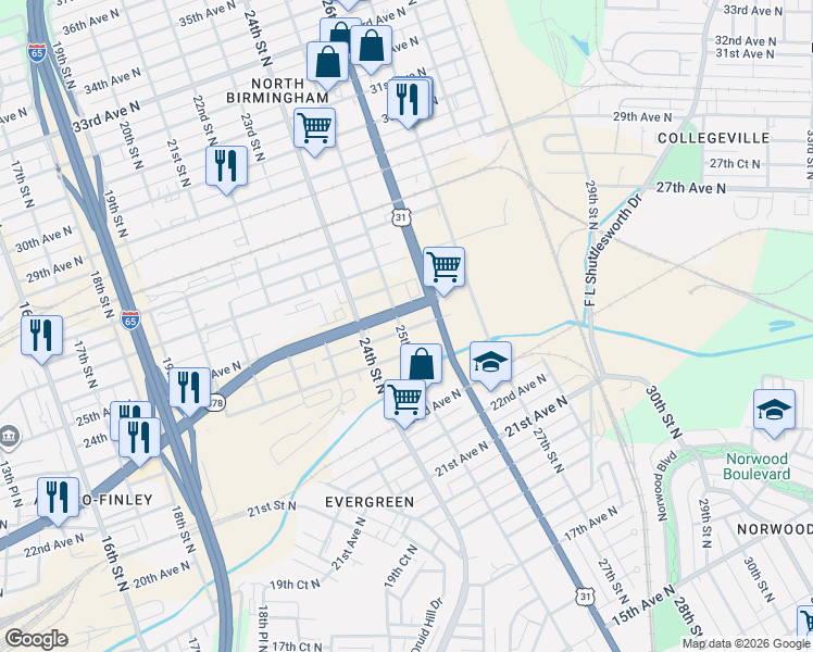 map of restaurants, bars, coffee shops, grocery stores, and more near 2401 24th Street North in Birmingham
