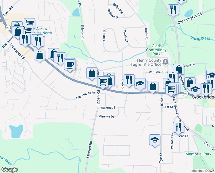 map of restaurants, bars, coffee shops, grocery stores, and more near 5028 North Henry Boulevard in Stockbridge