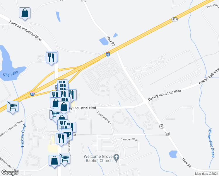 map of restaurants, bars, coffee shops, grocery stores, and more near 7762 Carnegie Drive in Fairburn