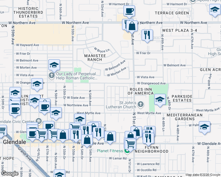 map of restaurants, bars, coffee shops, grocery stores, and more near 7300 D-Street in Glendale