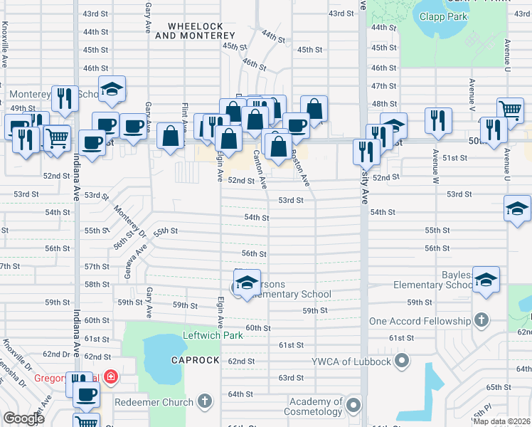 map of restaurants, bars, coffee shops, grocery stores, and more near 2807 54th Street in Lubbock