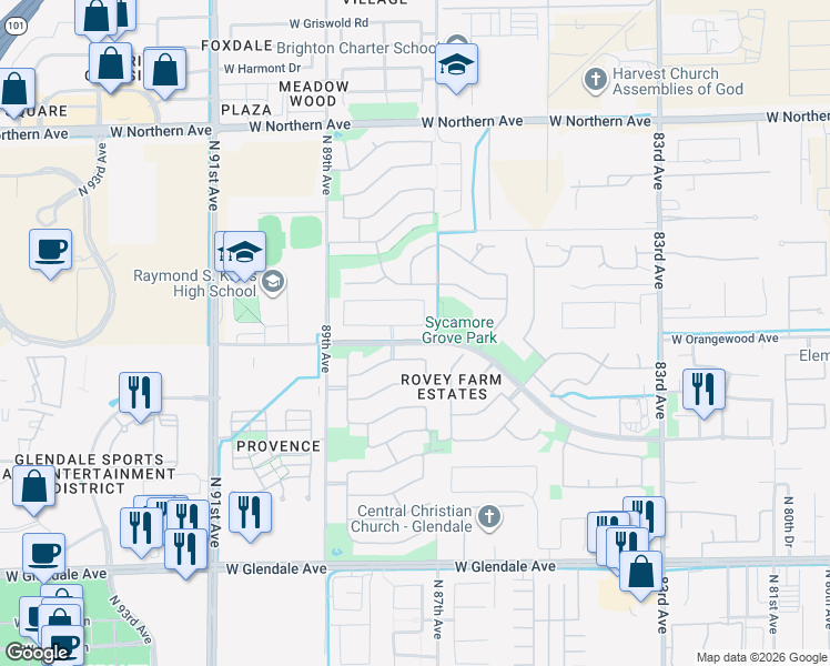 map of restaurants, bars, coffee shops, grocery stores, and more near 8772 West Gardenia Avenue in Glendale