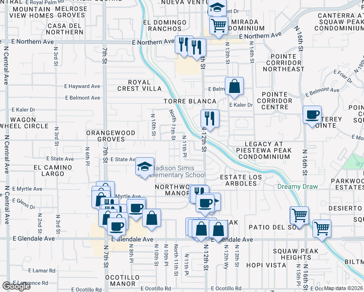 map of restaurants, bars, coffee shops, grocery stores, and more near 7346 North 11th Place in Phoenix