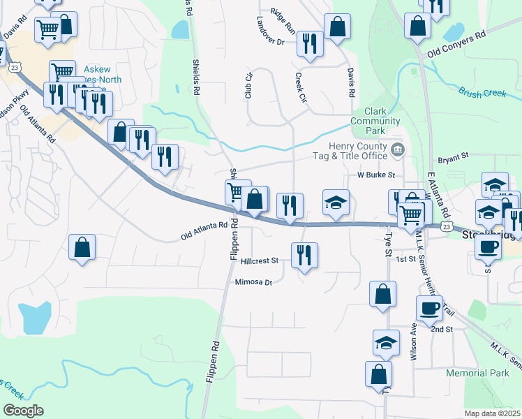 map of restaurants, bars, coffee shops, grocery stores, and more near 5018 North Henry Boulevard in Stockbridge