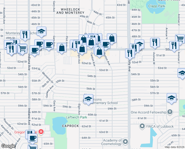 map of restaurants, bars, coffee shops, grocery stores, and more near 2807 54th Street in Lubbock