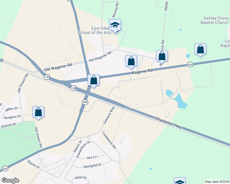 map of restaurants, bars, coffee shops, grocery stores, and more near 2558 Wagener Road in Aiken
