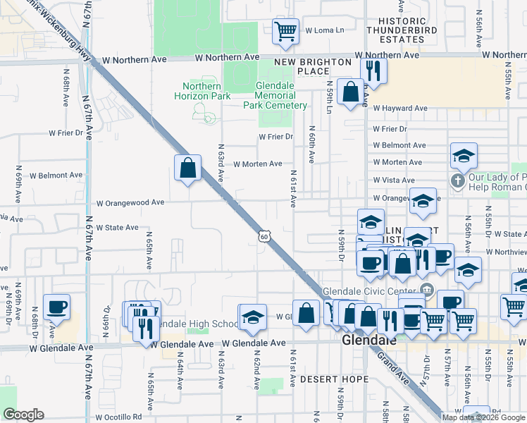 map of restaurants, bars, coffee shops, grocery stores, and more near 6162 Grand Avenue in Glendale