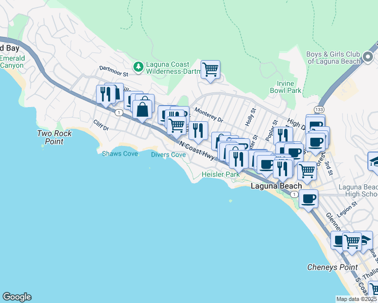 map of restaurants, bars, coffee shops, grocery stores, and more near 530 Cliff Drive in Laguna Beach