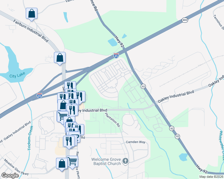 map of restaurants, bars, coffee shops, grocery stores, and more near 7787 Bucknell Terrace in Fairburn