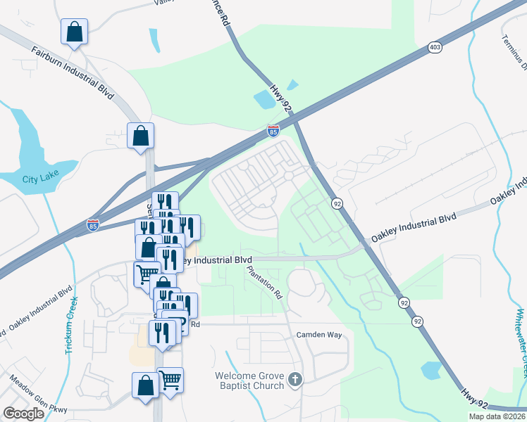 map of restaurants, bars, coffee shops, grocery stores, and more near 7787 Bucknell Terrace in Fairburn
