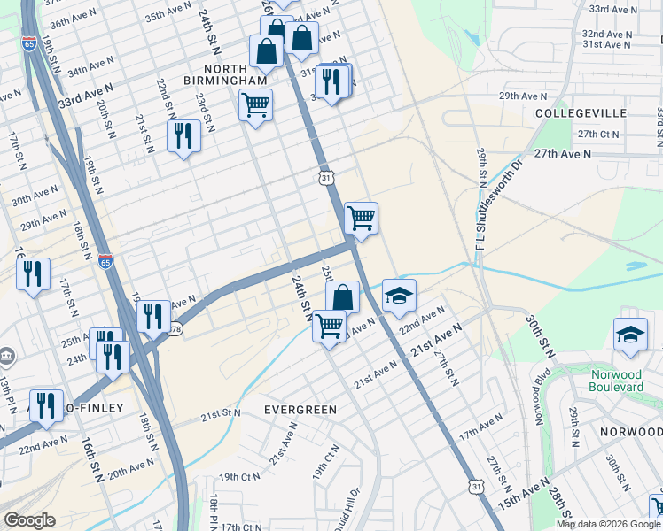 map of restaurants, bars, coffee shops, grocery stores, and more near 2401 24th Street North in Birmingham