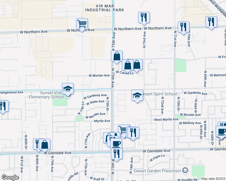map of restaurants, bars, coffee shops, grocery stores, and more near N 75th Ave & W Orangewood Ave in Glendale