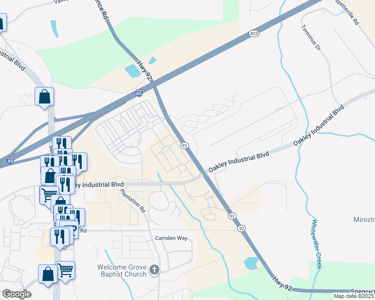 map of restaurants, bars, coffee shops, grocery stores, and more near 6003 Spence Road in Fairburn