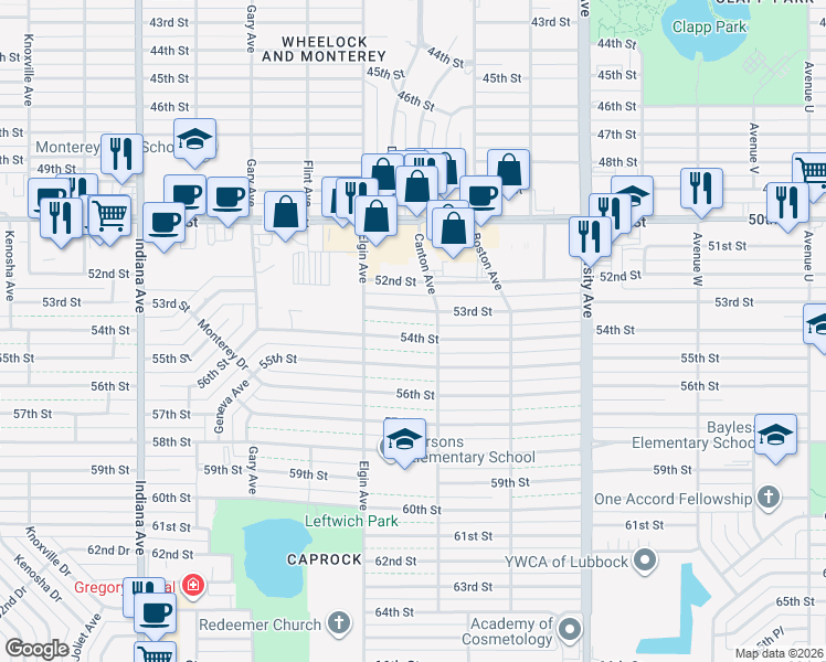 map of restaurants, bars, coffee shops, grocery stores, and more near 2810 54th Street in Lubbock