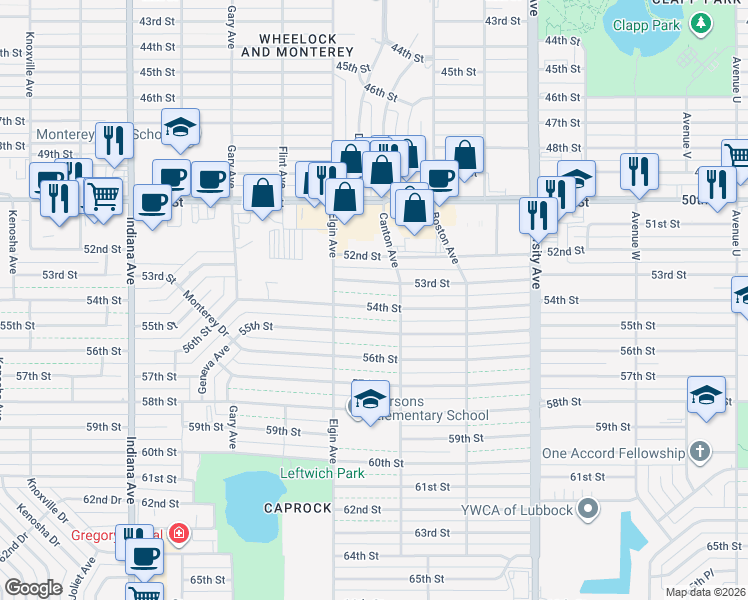map of restaurants, bars, coffee shops, grocery stores, and more near 2807 54th Street in Lubbock