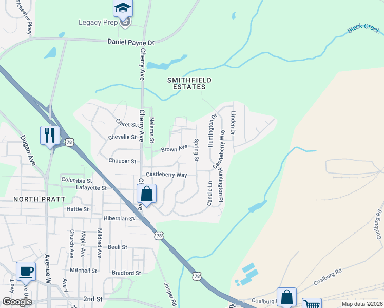 map of restaurants, bars, coffee shops, grocery stores, and more near 732 Spring Street in Birmingham