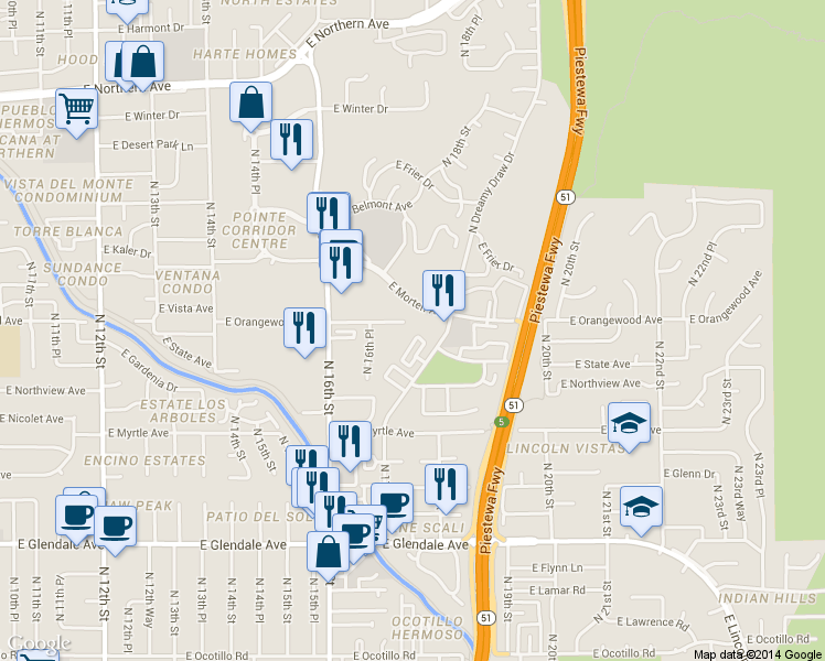map of restaurants, bars, coffee shops, grocery stores, and more near in Phoenix