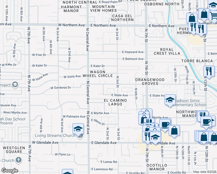 map of restaurants, bars, coffee shops, grocery stores, and more near 116 East State Avenue in Phoenix