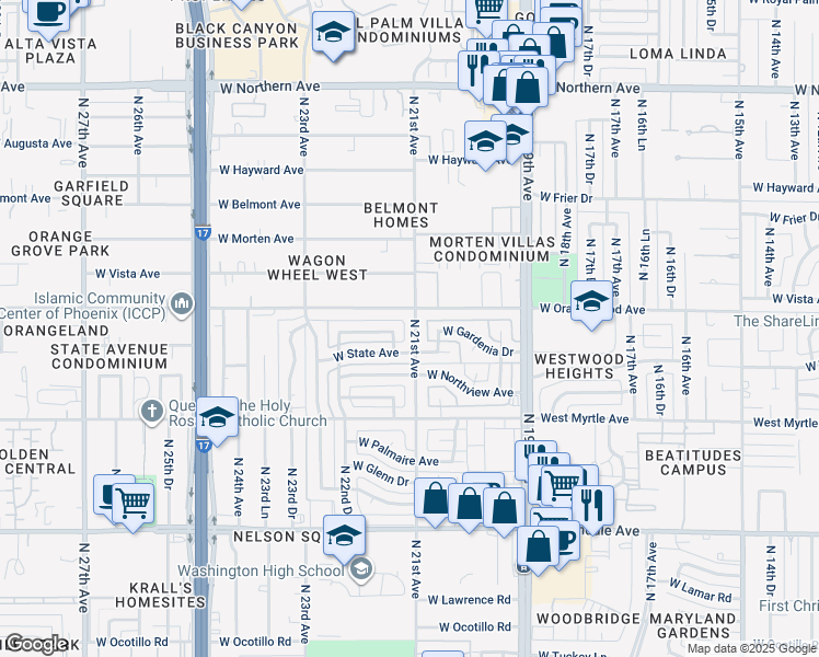 map of restaurants, bars, coffee shops, grocery stores, and more near in Phoenix