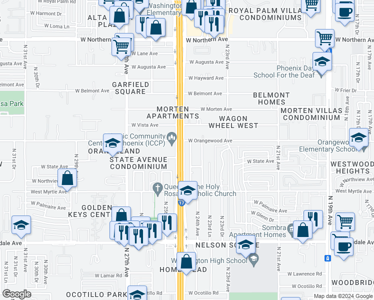 map of restaurants, bars, coffee shops, grocery stores, and more near 7315 North Black Canyon Highway in Phoenix