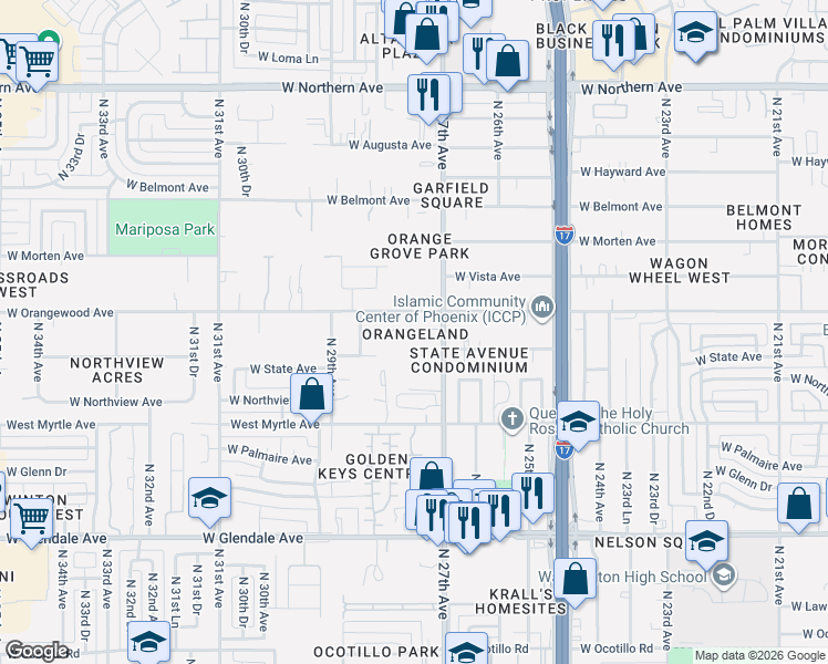 map of restaurants, bars, coffee shops, grocery stores, and more near in Phoenix