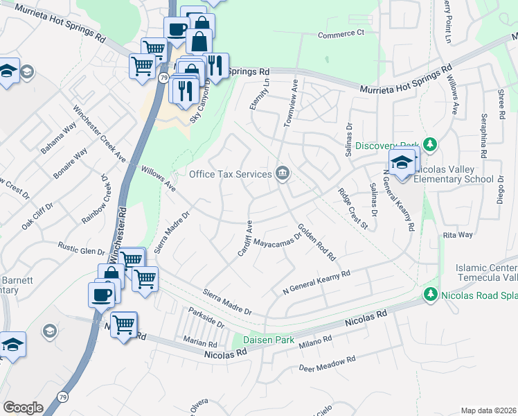 map of restaurants, bars, coffee shops, grocery stores, and more near 30259 Mondavi Circle in Murrieta