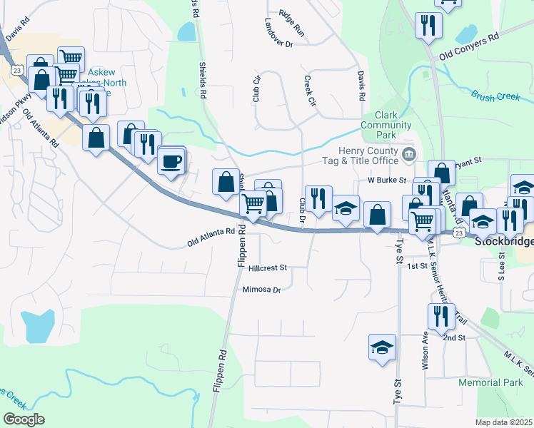 map of restaurants, bars, coffee shops, grocery stores, and more near 5028 North Henry Boulevard in Stockbridge