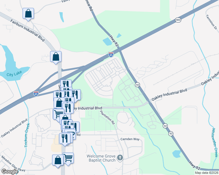 map of restaurants, bars, coffee shops, grocery stores, and more near 7656 Rutgers Circle in Fairburn