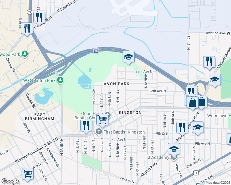 map of restaurants, bars, coffee shops, grocery stores, and more near 1217 44th Street North in Birmingham
