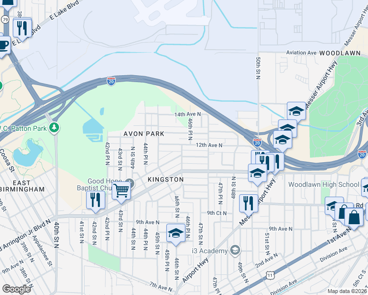 map of restaurants, bars, coffee shops, grocery stores, and more near 4601 12th Avenue North in Birmingham