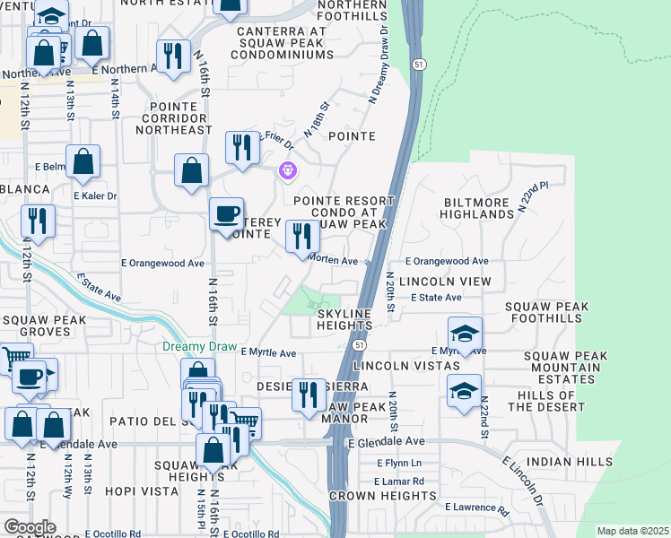 map of restaurants, bars, coffee shops, grocery stores, and more near 1850 East Gardenia Avenue in Phoenix